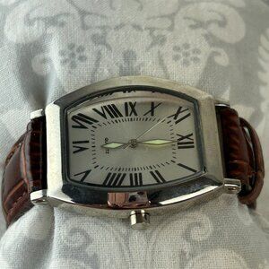 SKC Women's Quartz Watch Silver Tone Brown Leather Band- New Battery 9”